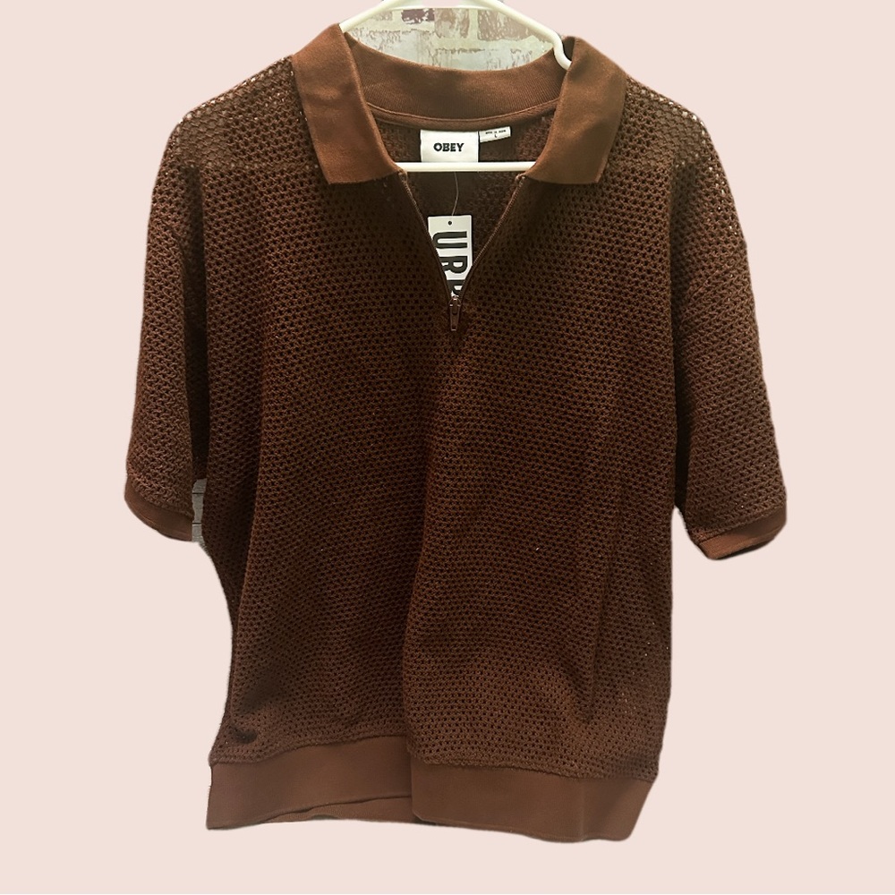Obey Brown Zip Up Men's Shirt L